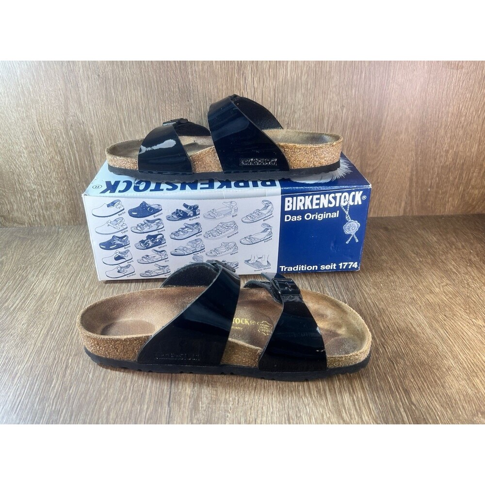 Birkenstock Sydney Black Glossy Double Strap Sandals Cork Footbed Size 39 Boxed